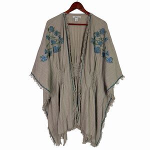 Coldwater Creek Embroidered Boho Kimono Top Fringe Floral Cardigan One Size